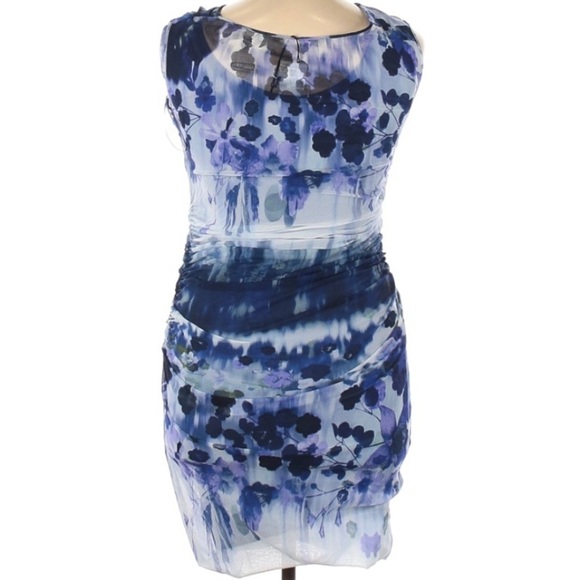 FUZZI Rouched mesh cowl neck watercolor blue fitted mesh mini dress xl women’s - Picture 2 of 5